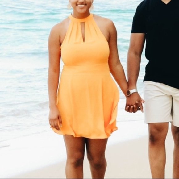 Express Dresses & Skirts - Express Yellow High-neck Flowing Fit & Flare Dress